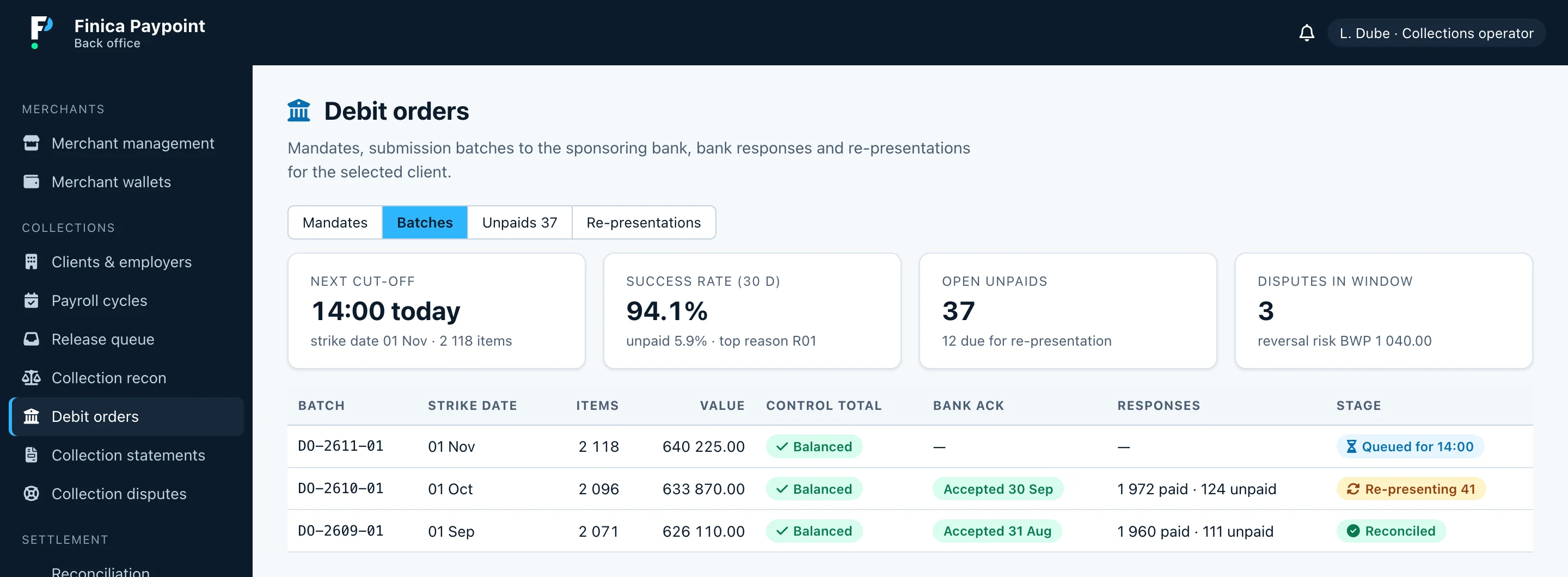 PayPoint debit order view with batch status and unpaid items.