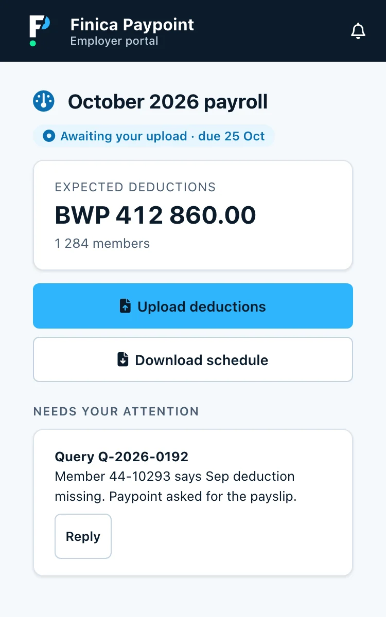 PayPoint employer portal on a phone, with the upload deductions button.