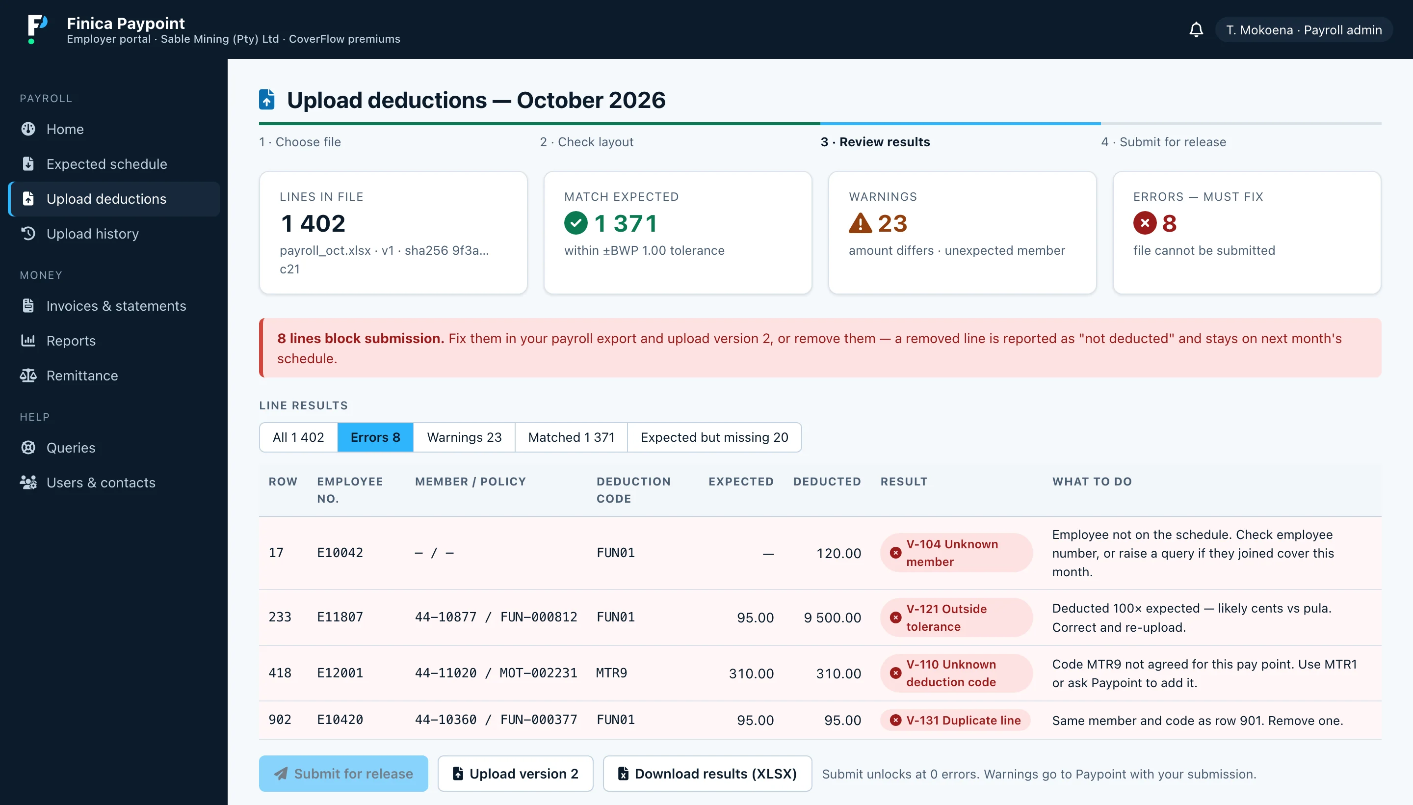PayPoint upload review: 1 402 lines, 1 371 matched, 23 warnings, and 8 errors that block submission, each with what to do.
